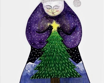 Christmas card, greeting season, tree and moon