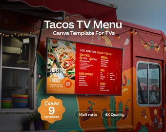 Tacos Menu Board | Canva 4K TV Menu for Mexican Food Trucks | 4 Animated Menu Designs + 5 Branded Promo Slides