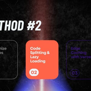 May include: A graphic with the text "METHOD #2" in white. Three colored boxes list steps: "Optimize Images", "Code Splitting & Lazy Loading", and "Edge Caching with Vercel". Numbers 01, 02, and 03 are in circles.