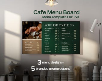 Menú de cafetería con pantalla de TV / Plantillas animadas de Canva para cafeterías