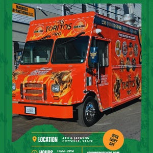 May include: An orange food truck with the text "LOS TORITOS FOOD TRUCK" and "LOS TORITOS PRO" in white. The truck has a flame design and the words "MEXICAN FOOD" are visible. The truck is parked on a street.