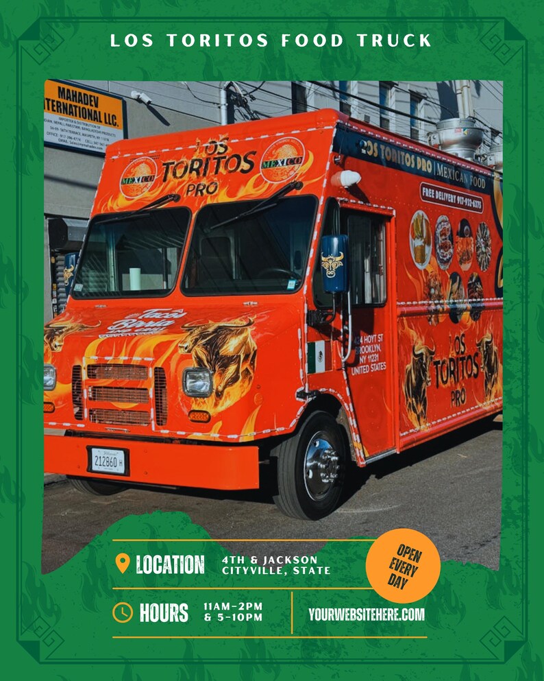May include: An orange food truck with the text "LOS TORITOS FOOD TRUCK" and "LOS TORITOS PRO" in white. The truck has a flame design and the words "MEXICAN FOOD" are visible. The truck is parked on a street.