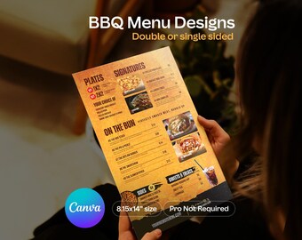 May include: A person holding a BBQ menu design. The menu is double or single-sided and features sections for plates, signatures, and items "on the bun." The menu is 8.15x14 inches in size and includes the Canva logo.