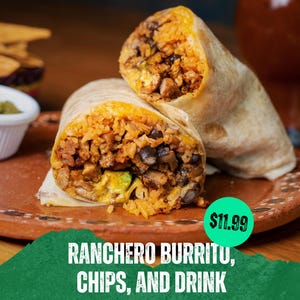 May include: A close-up of a Ranchero burrito cut in half, revealing rice, black beans, and meat. The image includes the text "LOS TORITOS FOOD TRUCK" and "RANCHERO BURRITO, CHIPS, AND DRINK". A green circle displays the price.