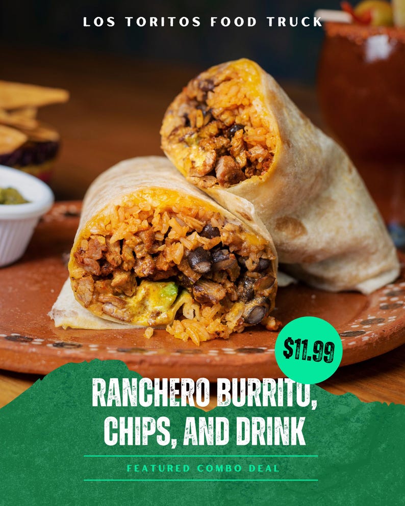May include: A close-up of a Ranchero burrito cut in half, revealing rice, black beans, and meat. The image includes the text "LOS TORITOS FOOD TRUCK" and "RANCHERO BURRITO, CHIPS, AND DRINK". A green circle displays the price.