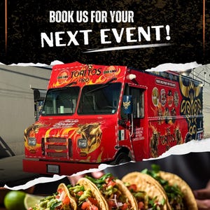 May include: A red food truck with the text "LOS TORITOS FOOD TRUCK" and "BOOK US FOR YOUR NEXT EVENT!". The image also shows several tacos filled with meat, avocado, and other toppings.