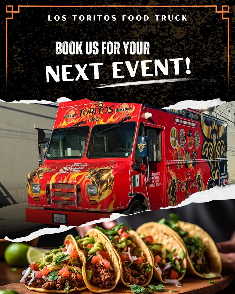 May include: A red food truck with the text "LOS TORITOS FOOD TRUCK" and "BOOK US FOR YOUR NEXT EVENT!". The image also shows several tacos filled with meat, avocado, and other toppings.