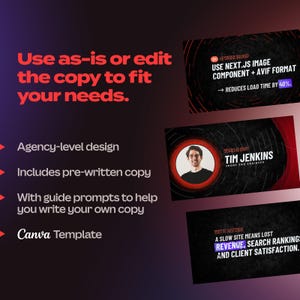May include: A graphic design with text that reads "Use as-is or edit the copy to fit your needs." Additional text includes "Agency-level design," "Includes pre-written copy," and "Canva Template."