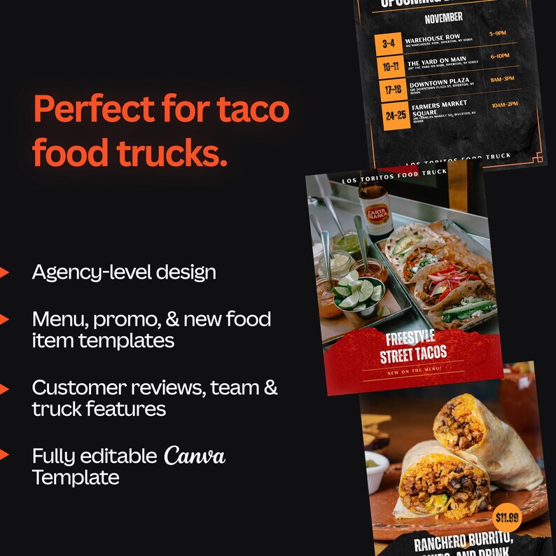 May include: A promotional image for a taco food truck, featuring a menu and food item templates. The image includes a list of upcoming events in November and a photo of tacos and a burrito. The text says "Perfect for taco food trucks."