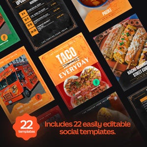 May include: A collection of 22 social media templates for a food truck, featuring orange and black designs. The templates showcase food items like tacos and corn, with text including "Taco Tuesdays Everyday" and event details.