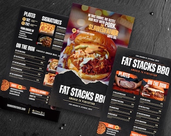 May include: Three black and orange Fat Stacks BBQ menus with food photos and text. The menus feature plates, signatures, and on-the-bun options. A large burger is featured on one menu.