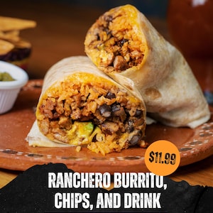 May include: A close-up of a Ranchero burrito cut in half, revealing rice, black beans, and meat. The image also shows chips, a drink, and the text "Ranchero Burrito, Chips, and Drink". The food is presented on a rustic plate.