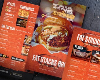 May include: A stack of orange Fat Stacks BBQ menus with a burger and pulled pork plate. The menus list plates, signatures, and items "on the bun." The text reads "Smoked to Perfection."