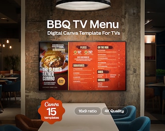 BBQ Digital TV Menu | Canva 4K Menu Board for Food Trucks or Restaurants | 6 Menu Designs + 9 Branded Promo Slides