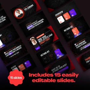 May include: A presentation with 15 easily editable slides. The slides have a dark background with red and white accents. Text includes "Make Your Next.js Site Load Crazy Fast" and "Includes 15 easily editable slides."