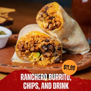 May include: A close-up of a Ranchero burrito cut in half, revealing rice, black beans, and meat. The image includes the text "LOS TORITOS FOOD TRUCK" and "RANCHERO BURRITO, CHIPS, AND DRINK". A featured combo deal is advertised.