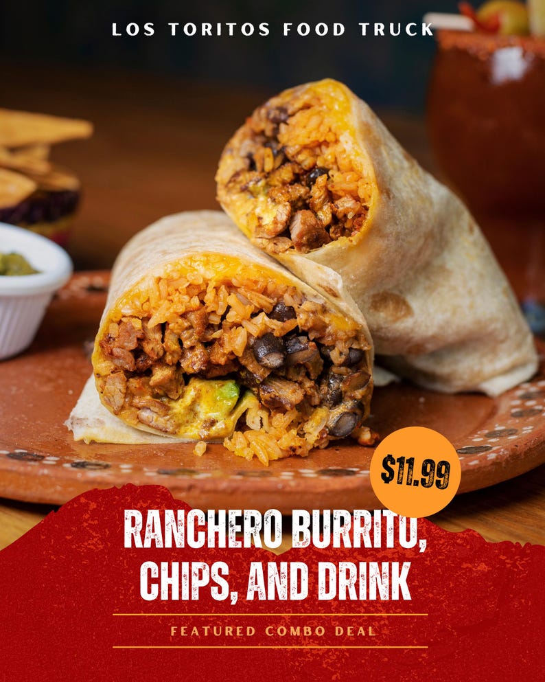 May include: A close-up of a Ranchero burrito cut in half, revealing rice, black beans, and meat. The image includes the text "LOS TORITOS FOOD TRUCK" and "RANCHERO BURRITO, CHIPS, AND DRINK". A featured combo deal is advertised.