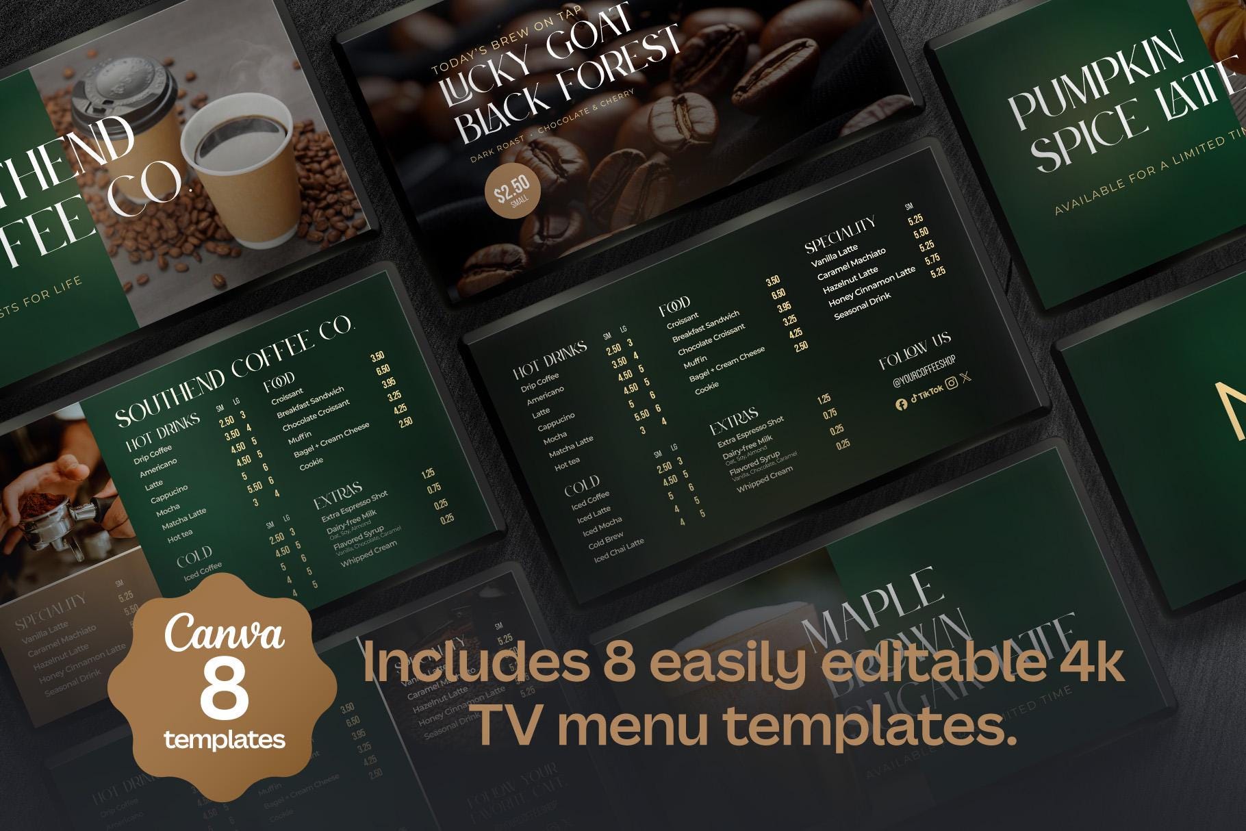 Menu 4k Café Menu Board | Canva 4K TV Menu for Coffee Shops | 3 Menu Designs ...