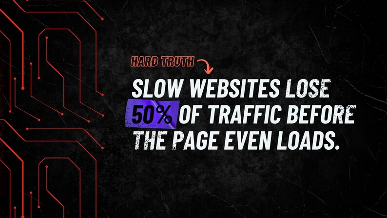 May include: A graphic with the text "HARD TRUTH" and "SLOW WEBSITES LOSE 50% OF TRAFFIC BEFORE THE PAGE EVEN LOADS." The background is black with red circuit-like lines.