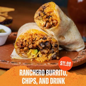 May include: A close-up of a ranchero burrito cut in half, revealing rice, beans, and meat filling. The image includes the text "Ranchero Burrito, Chips, and Drink" and "Featured Combo Deal". The food is on a brown plate.