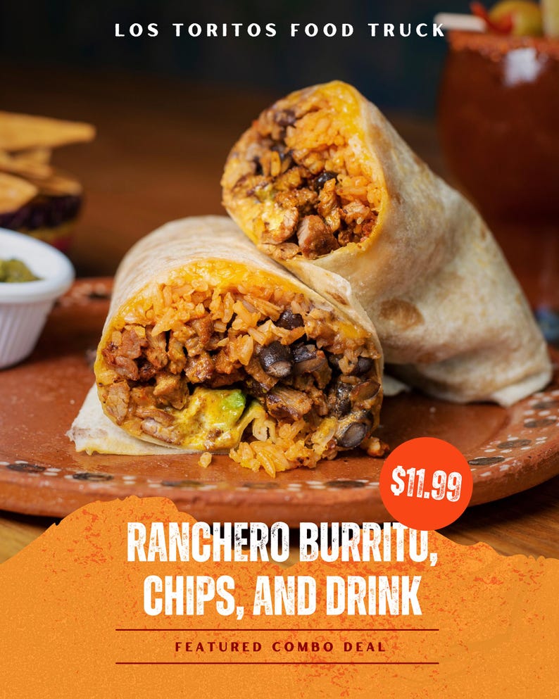 May include: A close-up of a ranchero burrito cut in half, revealing rice, beans, and meat filling. The image includes the text "Ranchero Burrito, Chips, and Drink" and "Featured Combo Deal". The food is on a brown plate.
