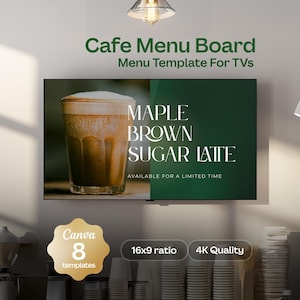 Café Menu Board | Canva 4K Animated TV Menu for Coffee Shops | 3 Menu Designs + 5 Branded Promo Slides