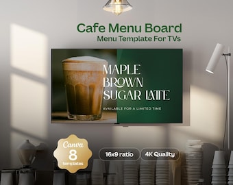 Café Menu Board | Canva 4K Animated TV Menu for Coffee Shops | 3 Menu Designs + 5 Branded Promo Slides