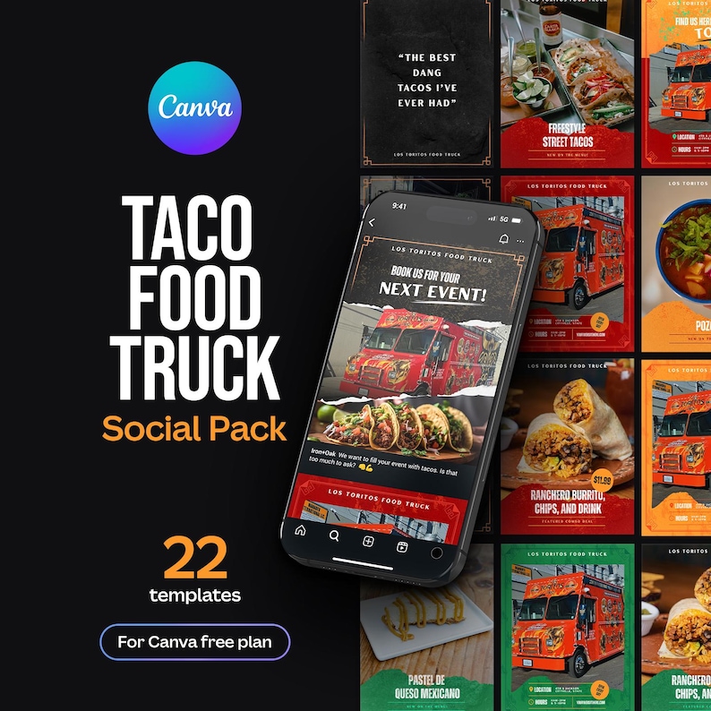 Taco Food Truck Editable Social Media Posts | Canva Templates for Free and Pro Accounts image 1