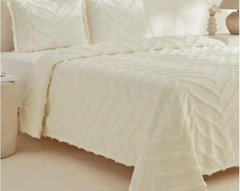 Juego de colcha de chenilla color crema – Juego de ropa de cama de 3 piezas (240 x 250 cm)