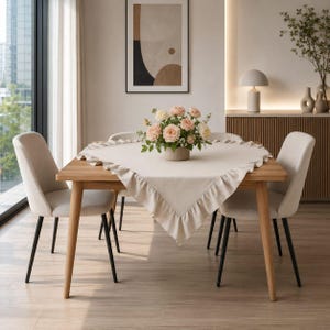Rustiek linnen tafelblad met ruches 100 x 100 cm boerderij vierkant tafelkleed beige salontafelhoes Cottagecore Dining Decor keukenloper