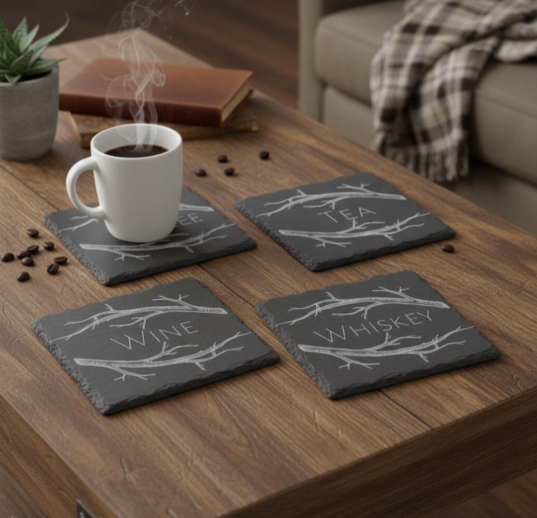 Personalized Rustic Slate Coaster Set - Custom Engraved Stone Drink ...