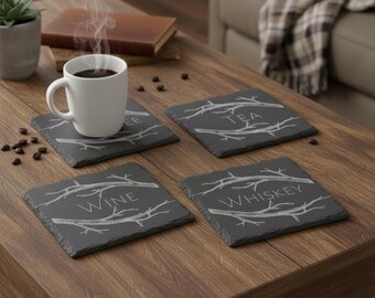 Personalisiertes rustikales Schiefer-Untersetzer-Set - individuell gravierte Steinuntersetzer, perfekt für Zuhause, in der Bar, als Hochzeit oder als Einweihungsgeschenk