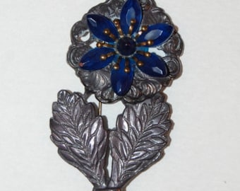 Big Bold 1930s Metal Flower Brooch Blue Bouquet Carved Beautiful