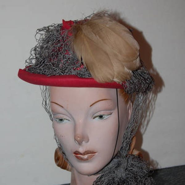 1930s 1940s Hollywood Net & Bow Feather Felt Hat Movie Star Seductress