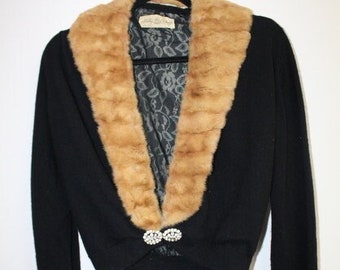 50's Black Cashmere Fur Collar Sweater Vintage Bombshell Pin Up Girl Luxurious Sweater