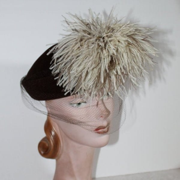 1940s Velour Ostrich Plume Hat with Veil Film Noir Era by Riveria Made In Italy