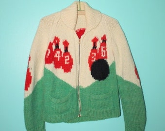 HERS Vintage Bowling Cowachin Sweater Handmade Warm Knit Cardigan Retro Kitsch Small