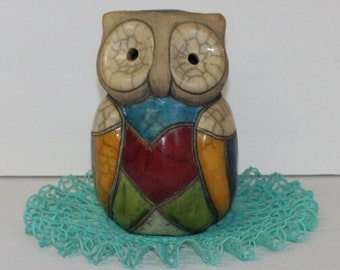 Vintage Owl Sculpture Mod 70's Owl Figurine Clay Pottery Enamel One of a Kind Artist Made MCM Decor