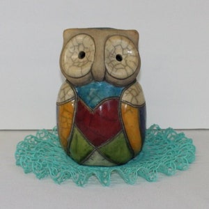 Vintage Owl Sculpture Mod 70&#39;s Owl Figurine Clay Pottery Enamel One of a Kind Artist Made MCM Decor