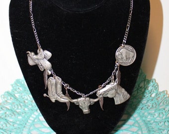 Vintage Western Horse Charm Necklace Ranch Theme Saddle Boots Steer