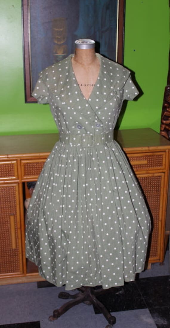 Vintage 1950's Polka Dot Green Cotton Dress 50s Ga