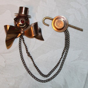 Clown Top Hat & Cane Brooch Goldtone Metal Magican Vintage 50s Adorable Kitsch Duet Pin