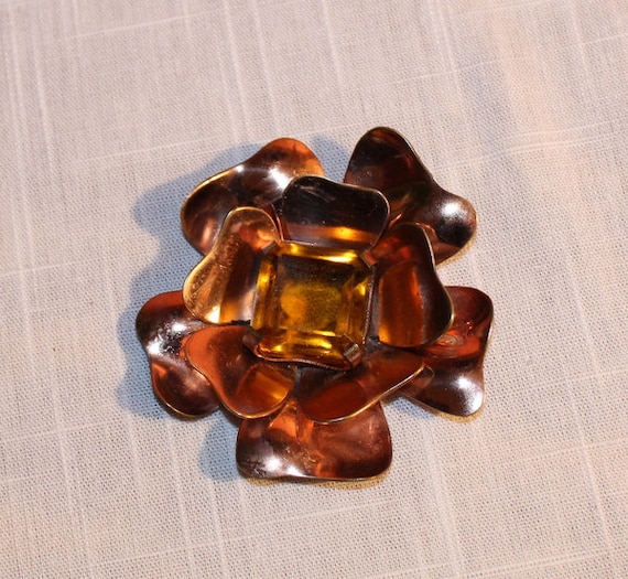 Vintage Copper Flower Brooch Large & Lovely Pin with center Stone