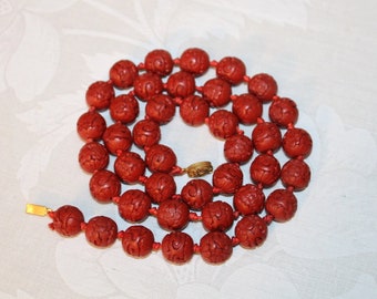 Vintage Chinese Cinnabar Necklace Carved Knotted Red Necklace 15mm Beads 30" Long Beautiful