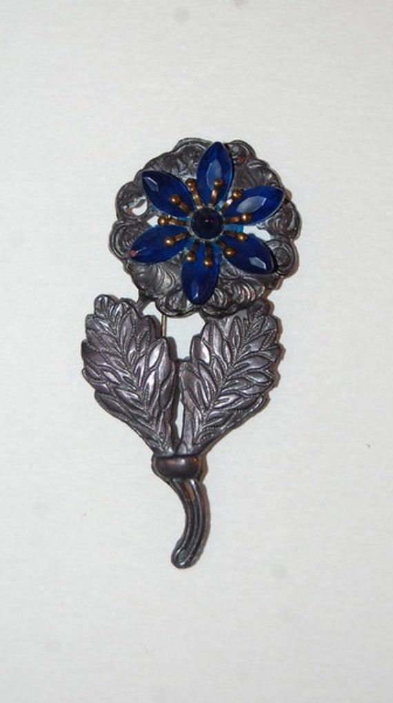 Big Bold 1930s Metal Flower Brooch Blue Bouquet Ca