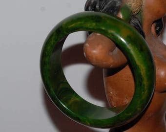 Large Bakelite Bangle Green Swirl Vintage Chunky Fun Bracelet