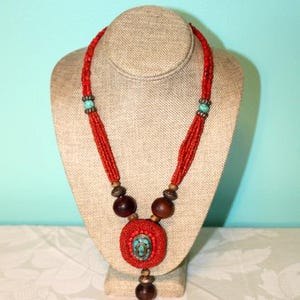 Vintage African Turquoise Coral Bead Necklace Moroccan Handmade Amulet