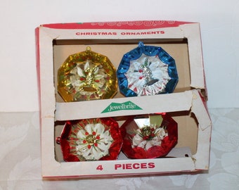 4 Jewel Brite Christmas Ornaments Large Size in Box Bells & Poinsettia Flowers Mid Century Plastic Diorama Glitter Kitsch Vintage