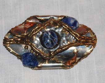 80s Glam Belt Buckle Gemstones Goldtone Metal Brutalist Signed One of A King Disco Darling