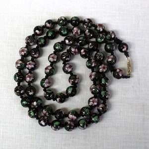 Antique Chinese Art Deco Cloisonné Enamel Knotted Glass Bead Necklace Vtg Black